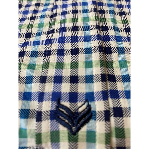 Butter Cloth Shirt Mens L Blue White Green Slim Plaid Button Long Sleeve Stretch - Picture 6 of 11